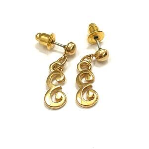 Earrings E Initial Letter Dangles Drops Gold Tone Pierced Posts